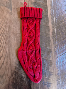 Custom 18 inch cable knit stockings with personalized leather patch in red and white